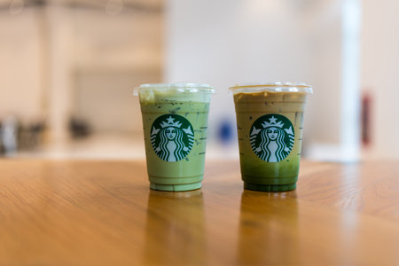 Bangkok, Thailand - June 9, 2024 : Iced matcha green tea and iced matcha green tea and espresso fusion coffee at Starbucks coffee shop.のeditorial素材