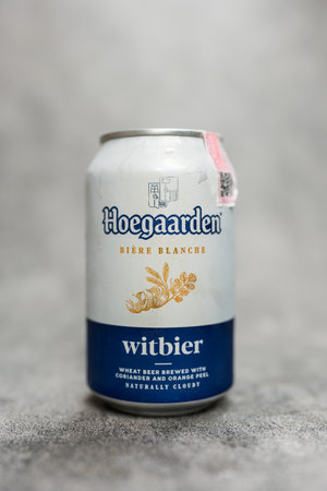 BANGKOK, THAILAND - JUNE 16, 2024 : A small can of Hoegaarden. Hoegaarden is a brewery in Belgium and the producer of a well-known wheat beer.のeditorial素材