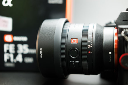 Bangkok, Thailand - June 16, 2024 : Premium G Master Series wide-angle prime lens, SEL35F14GM. Features support professional shooting needs, weight 524 g.のeditorial素材