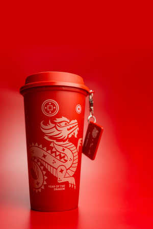 Bangkok, Thailand - June 24, 2024 : A red reusable cup from Cafe Amazon, Get power to enhance your luck with cup name of Dragon pattern. Get 1 free Dragon Reusable Cup in June 24, 2024のeditorial素材