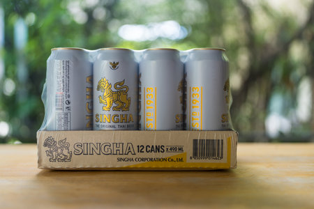 Bangkok, Thailand - June 24, 2024  : A packs 12 Singha beer long can 490ml.  Singha beer cans which is one of the most famous Thai beer brands. Preparing for the party.のeditorial素材