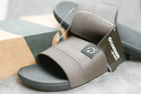 Bangkok, Thailand - June 26, 2024 : Cartago man slide sandals, the foot pad foot comfort. Close upのeditorial素材