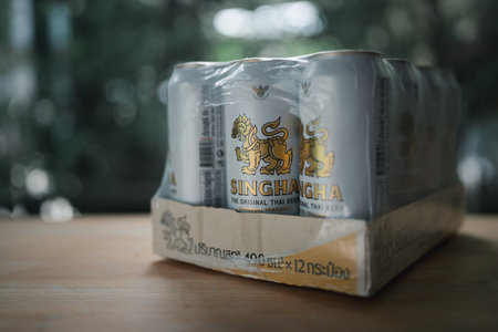 Bangkok, Thailand - June 26, 2024  : A packs 12 Singha beer long can 490ml.  Singha beer cans which is one of the most famous Thai beer brands. Preparing for the party.のeditorial素材