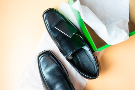 Black men shoes with packaging. The view from the top.の写真素材