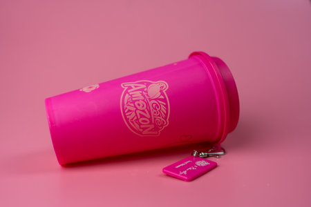 Bangkok, Thailand - June 28, 2024 : A pink reusable cup from Cafe Amazon, Get power to enhance your luck with cup name of Dragon pattern. Get 1 free Dragon Reusable Cup in June 25, 2024のeditorial素材