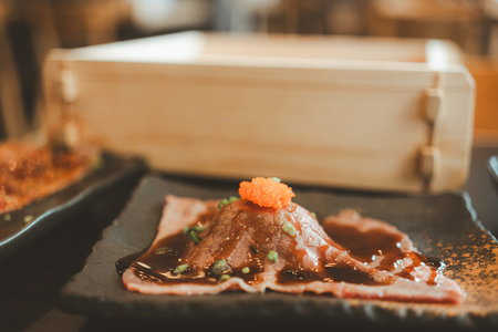Grilled Wagyu beef sushi. Selective focusの写真素材
