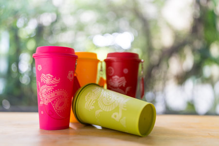 Bangkok, Thailand - July 1, 2024 : A collection of reusable cup from Cafe Amazon. Get 1 free Dragon Reusable Cup in June 26, 2024のeditorial素材