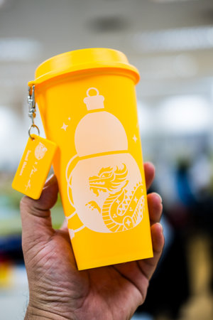Bangkok, Thailand - June 25, 2024 : A red yellow reusable cup from Cafe Amazon, Get power to enhance your luck with cup name of Dragon pattern. Get 1 free Dragon Reusable Cup in June 25, 2024のeditorial素材