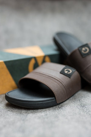 Bangkok, Thailand - June 25, 2024 : Cartago man slide sandals, the foot pad foot comfort. Close upのeditorial素材