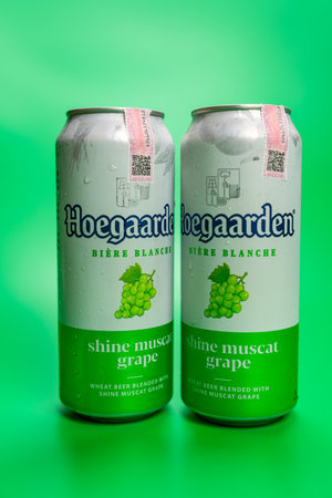 Samut Prakan, Thailand - June 13, 2024 : Cans of Hoegaarden Shine Muscat Grape flavored, wheat beer blended with grapeのeditorial素材