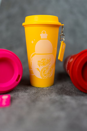 Bangkok, Thailand - July 10, 2024 : Dragon reusable cup from Cafe Amazon, Get power to enhance your luck with cup name of Dragon pattern.のeditorial素材