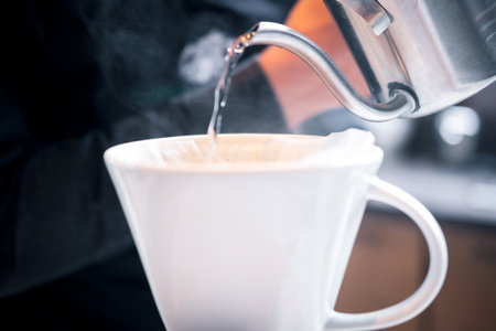 Pour water over coffee, drip coffee. Close upの写真素材