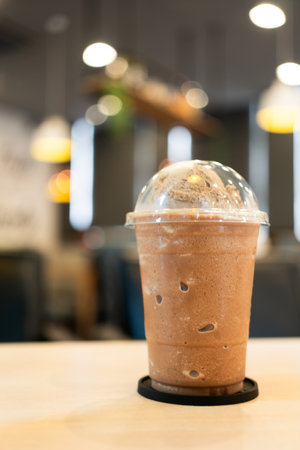 Coffee mocha milkshake on the table. Copy space for text. Selective focus.の写真素材