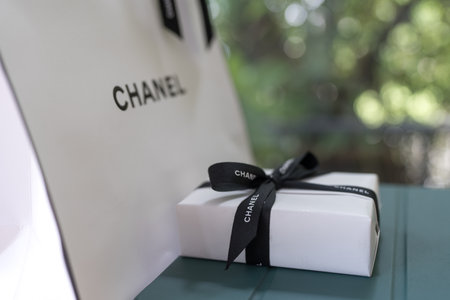 Bangkok, Thailand - August 10, 2024 : Beautiful luxury Chanel gift with proper packaging showing the brand on the ribbon. Perfect for Valentine day or Christmas.のeditorial素材
