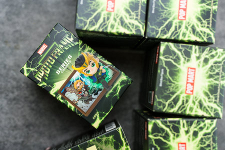 Bangkok, Thailand - August 28, 2024 : A boxes of art toy, new series of Marvel Photo Frame Series...
