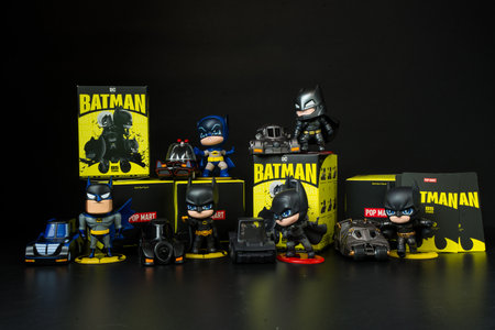 Bangkok, Thailand - September 2, 2024 : A POP MART, new collection a DC Batman 85th Anniversary Series Figures, The Whole set contain 6 blind boxesのeditorial素材
