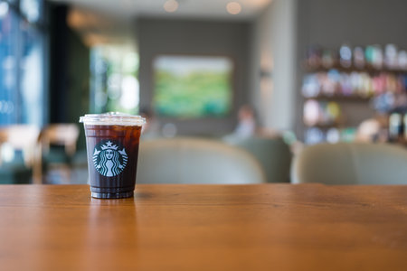 Bangkok, Thailand - September 2, 2024 : Starbuck coffee iced americano coffee beverage with copy...