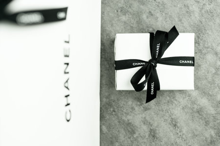 Bangkok, Thailand - September 2, 2024 : Close up of gift box of Chanel perfume shop and the brand on...