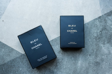 Bangkok, Thailand - September 8, 2024 : Two box of Bleu de chanel with Eau de parfum pour homme and Parfum pour homme. Top viewのeditorial素材