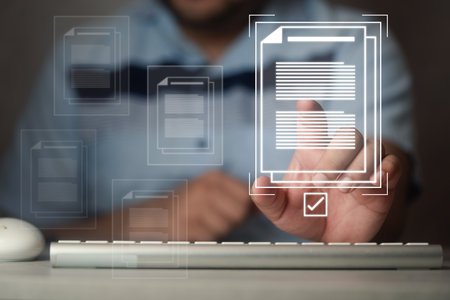 Man with correct marks to paperless online approval for business process. Approving requestsの写真素材