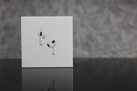 Bangkok, Thailand - September 21, 2024 : AirPods (3rd generation) with MagSafe Charging Case in packagingのeditorial素材