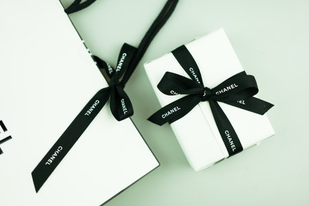 Bangkok, Thailand - September 25, 2024 : Close up of gift box of Chanel perfume shop and the brand on the ribbonのeditorial素材