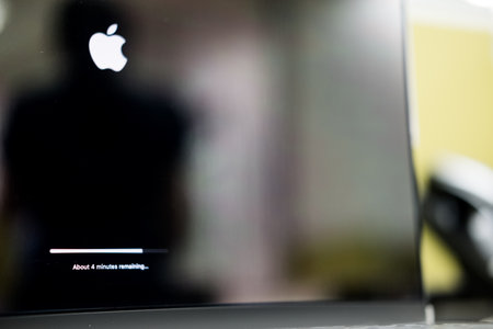 Bangkok, Thailand - September 25, 2024 : Installing software update sign on the black screen of...