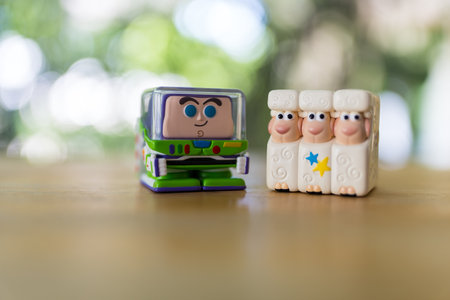 Bangkok, Thailand - September 25, 2024 : Cute toy POP MART this collection of Disney Pixar POP CUBE 1 Series figures Buzz lightyear and Billy, Goat, and Gruffのeditorial素材