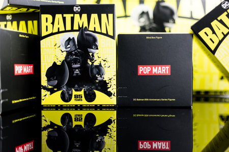 Bangkok, Thailand - September 25, 2024 : Figures of DC Batman Toy in Blind box collection of DC Batman 85th Anniversary Series Figures, Pop martのeditorial素材