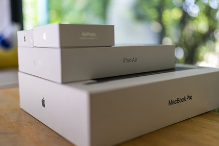 Bangkok, Thailand - October 4, 2024 : Stack of packaging boxes from Apple, view box with apple logo on white boxのeditorial素材