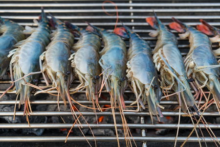 A row of raw grilled river prawns on a barbecue grillの写真素材