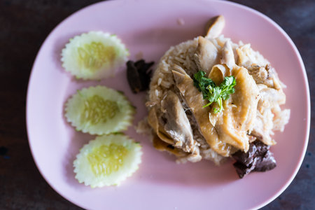 Khao Mun Gai, Thai food, rice steamed with chicken soup. Street food Thailandの写真素材