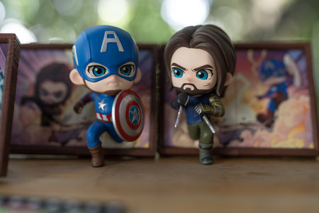 Bangkok, Thailand - November 23, 2024 : Captain America and Bucky, Frame Series Figures from Pop Mart shop. Marvel x Pop Martのeditorial素材