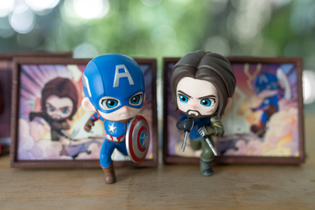 Bangkok, Thailand - November 23, 2024 : Captain America and Bucky, Frame Series Figures from Pop Mart shop. Marvel x Pop Martのeditorial素材