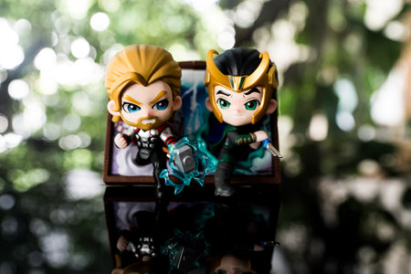 Bangkok, Thailand - November 23, 2024 : Thor and Loki, Frame Series Figures from Pop Mart shop. Marvel x Pop Martのeditorial素材