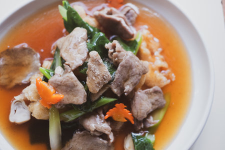 Wide rice noodles with beef or pork in gravy sauce. Healthy and tasty menuの写真素材