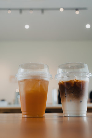 Iced coffee latte and iced tea in takeaway glass put on wood tableの写真素材