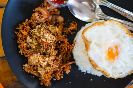 Garlic shrimp with fried egg. Top viewの写真素材