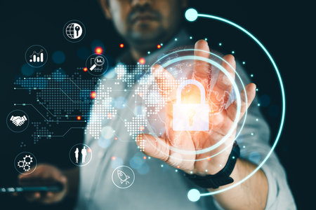Businessman use hand scan a global structure networking and data exchanges connection. Financial and...