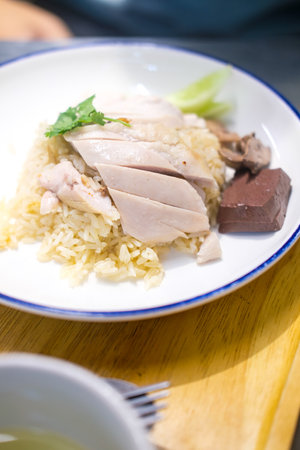 Steamed rice topped with chicken. Close upの写真素材