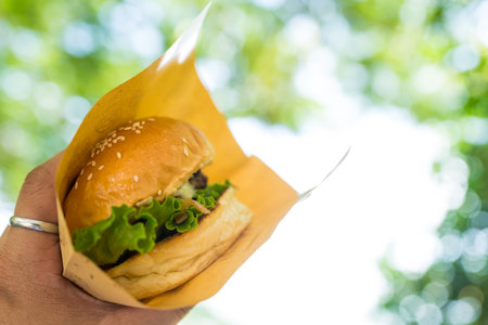 Hands holding pork burger in brown craft paper against nature backgroundの写真素材