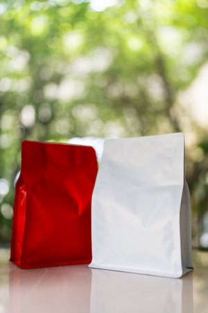 Red and white coffee bag packaging mockup, suitable for branding, mockup for marketing, mockup for...