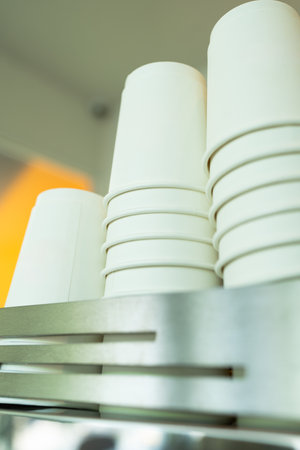 Rows of many white paper cups on coffee maker.の写真素材