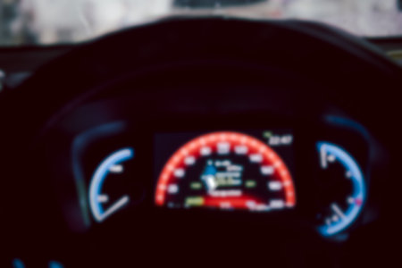 Blur background of car dashboard. Driving at nightの写真素材