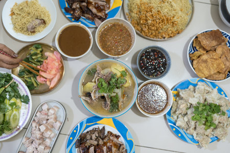 Many kind of Thai food in home. Group many variety of mealの写真素材