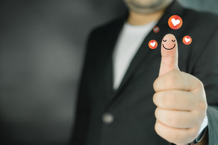 Businessman thumbs up showing happy smile face and red heart emotion, think positive, customer...