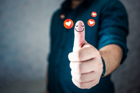 Businessman thumbs up showing happy smile face and red heart emotion, think positive, customer...