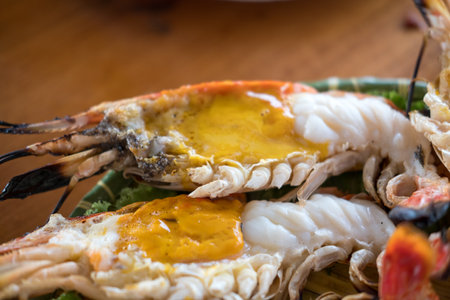 Grilled giant river prawn or big shrimp. Is a famous food of Ayutthaya, Thailand.の写真素材