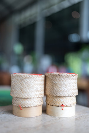 Woven bamboo basket. Wooden bamboo traditional style boxの写真素材