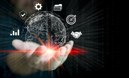 Man holding light bulb with virtual Global Internet connection. globe internet connection...